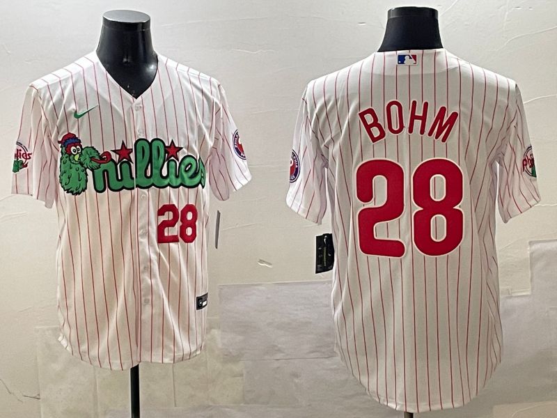Men Philadelphia Phillies #28 Bohm White Stripe Three generations Joint Name Game 2025 Nike MLB Jersey style 4